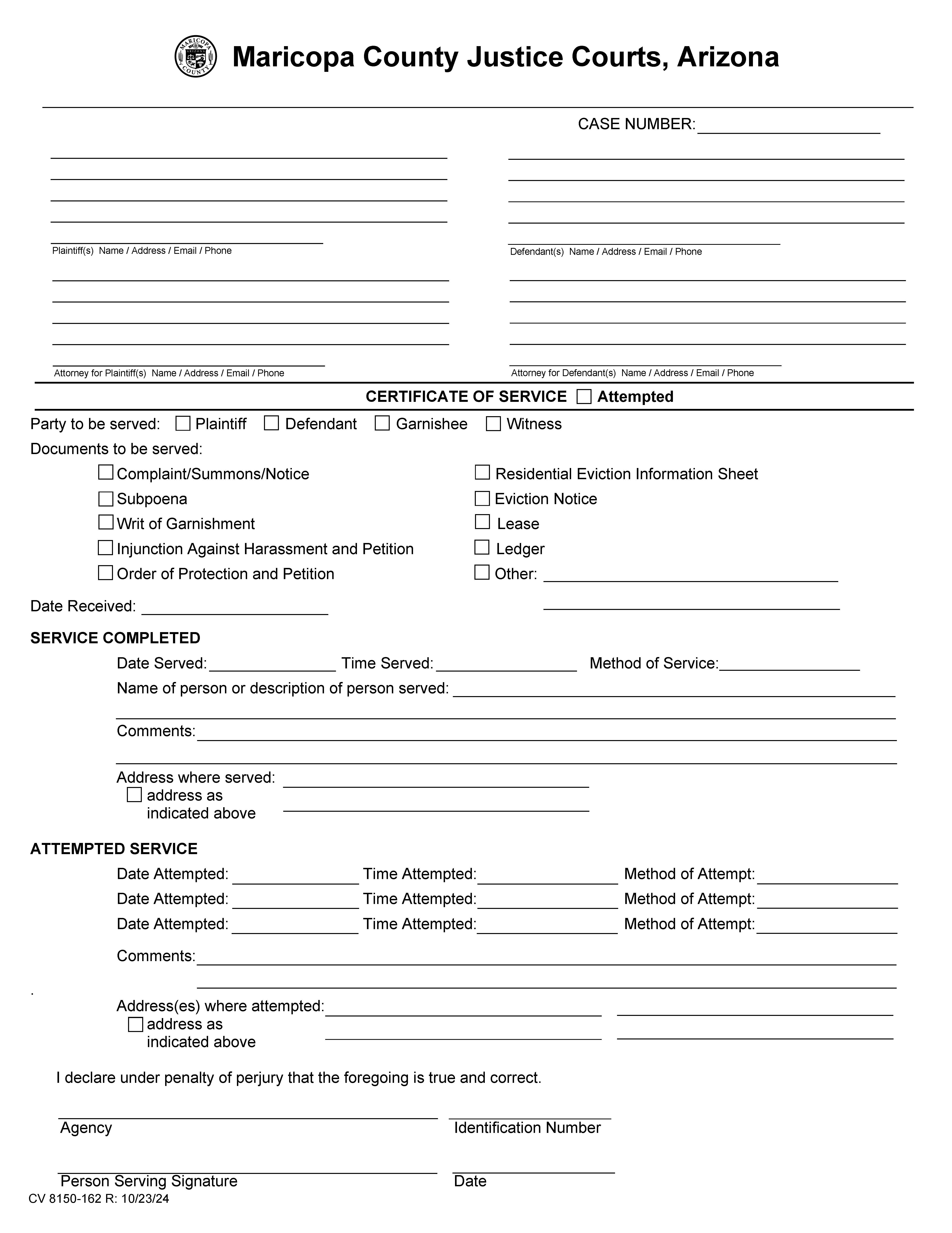 Certificate Of Service {CV 8150-162} | Pdf Fpdf Docx | Arizona