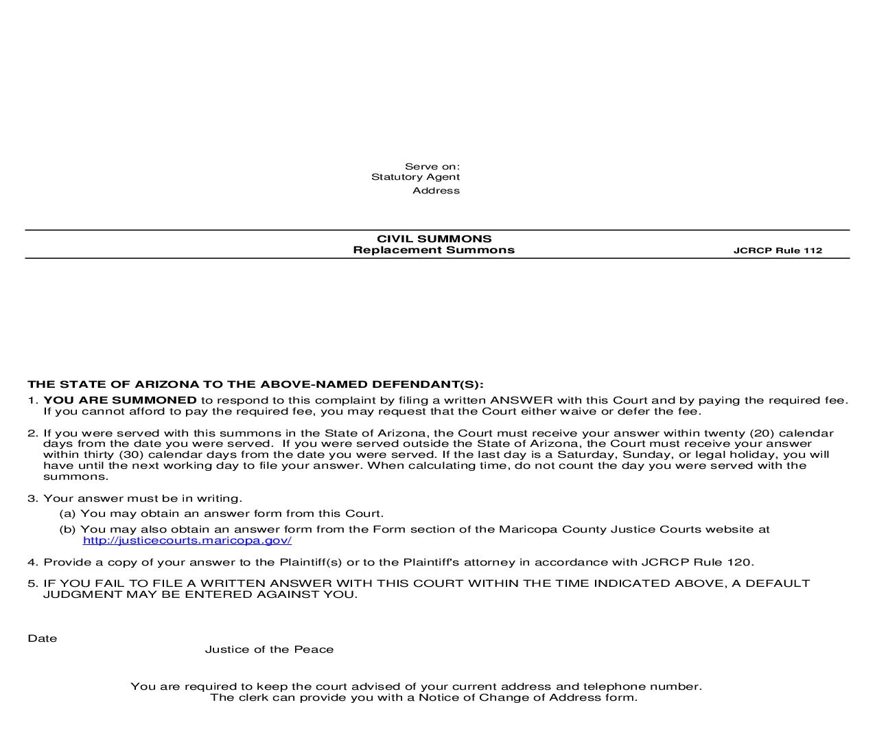 Civil Summons {CV-8150-101.01} | Pdf Fpdf Doc Docx | Arizona