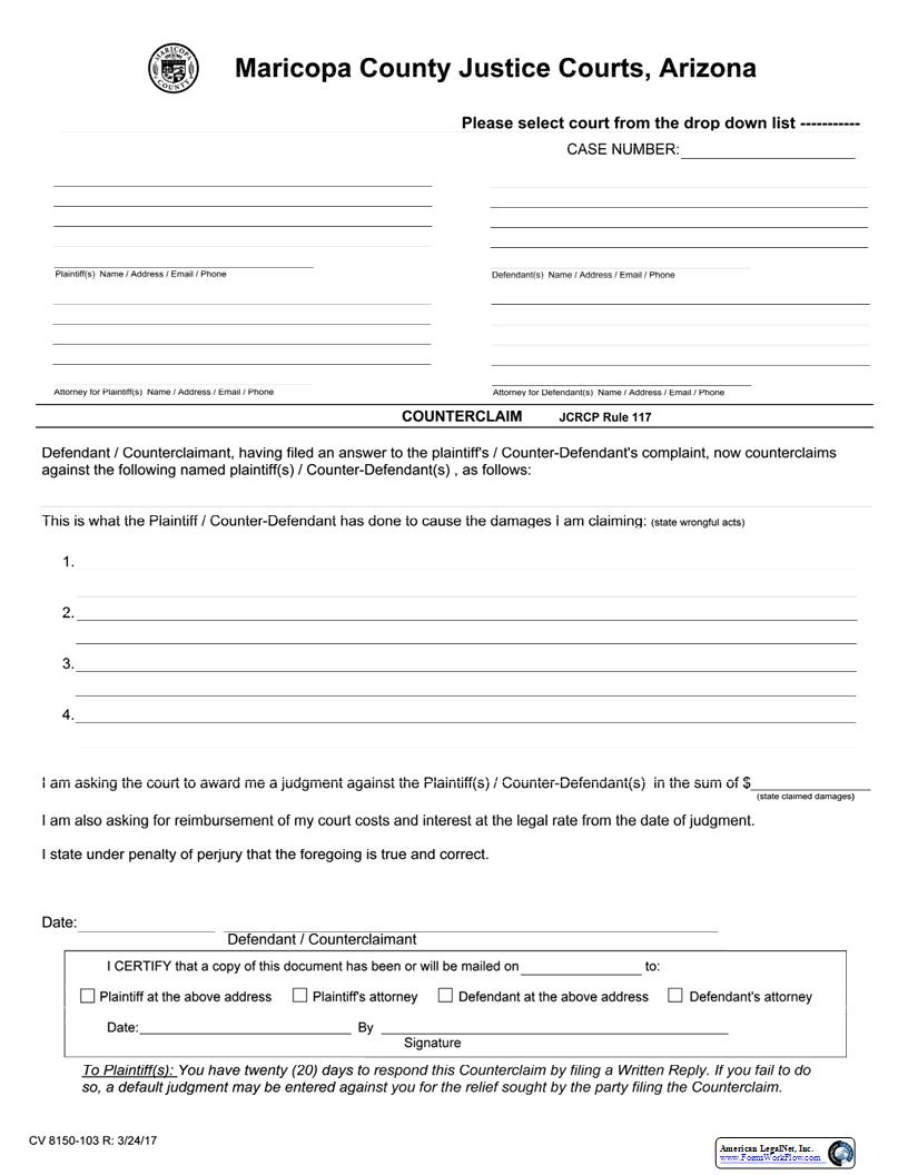 Counterclaim (Civil) {CV 8150-103} | Pdf Fpdf Docx | Arizona
