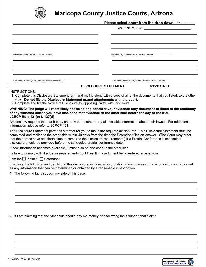Disclosure Statement {CV 8150-107.01} | Pdf Fpdf Docx | Arizona