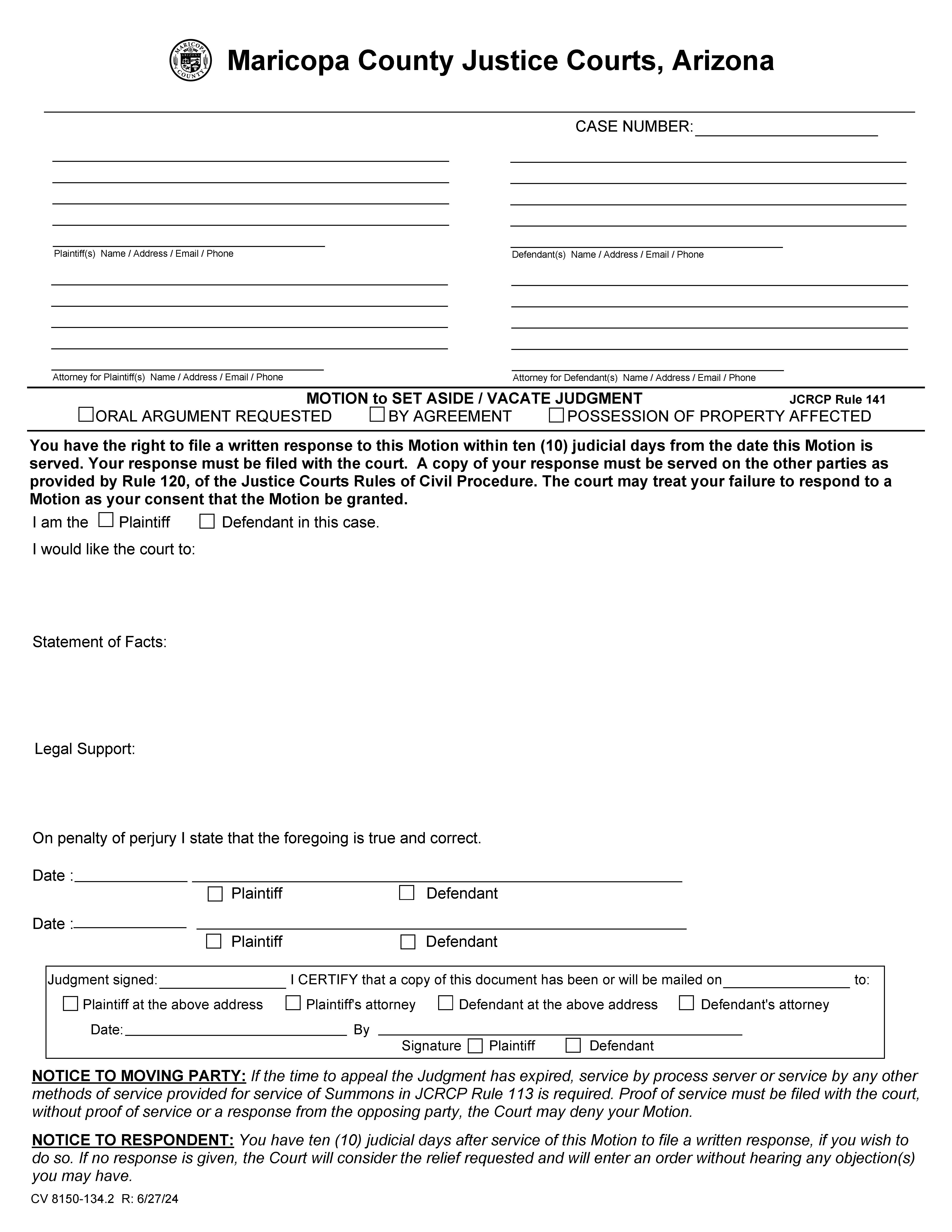 Motion To Set Aside Vacate Judgment {CV 8150-134.01} | Pdf Fpdf Docx | Arizona