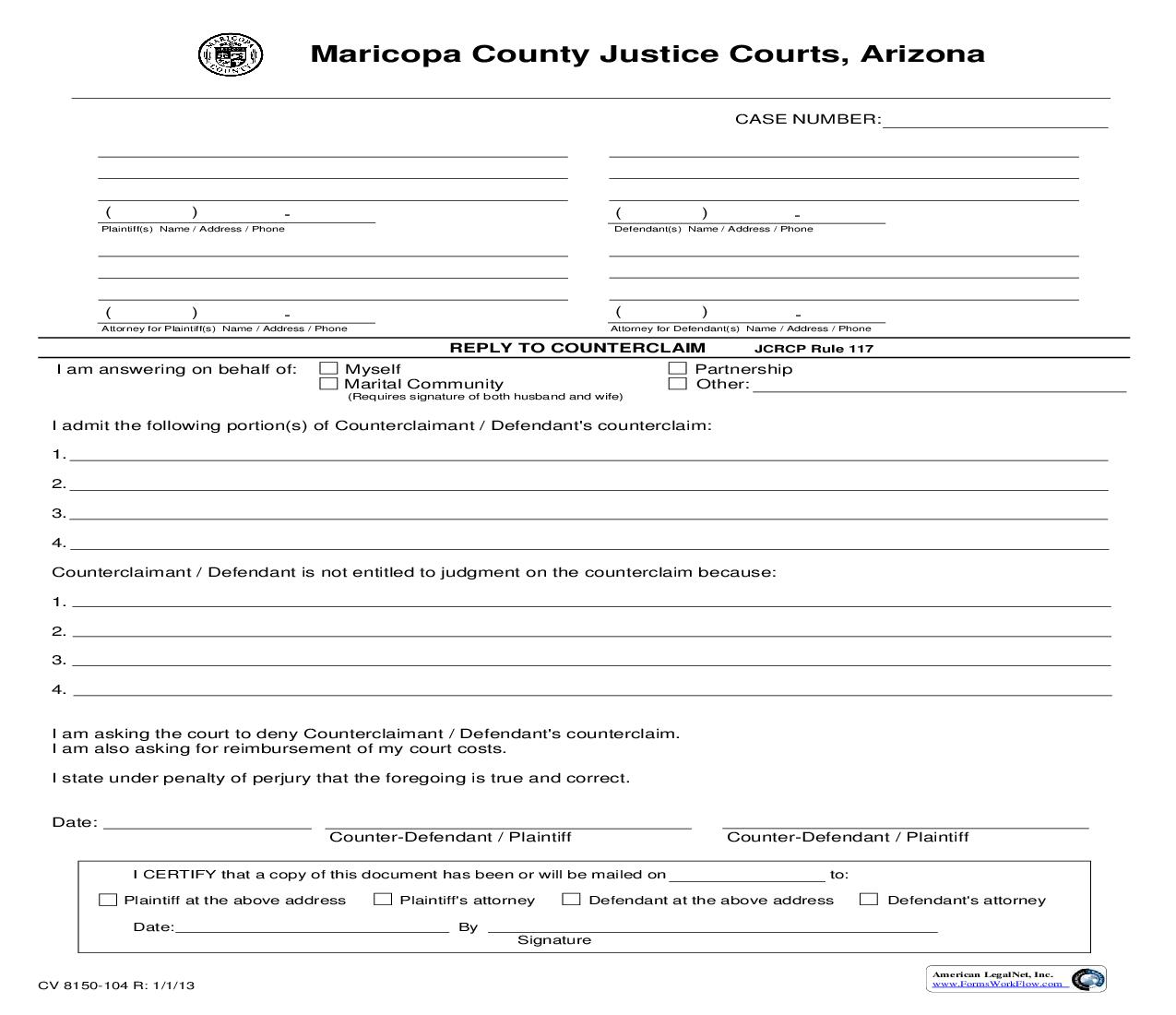 Reply To Counterclaim (Civil) {CV 8150-104} | Pdf Fpdf Doc Docx | Arizona