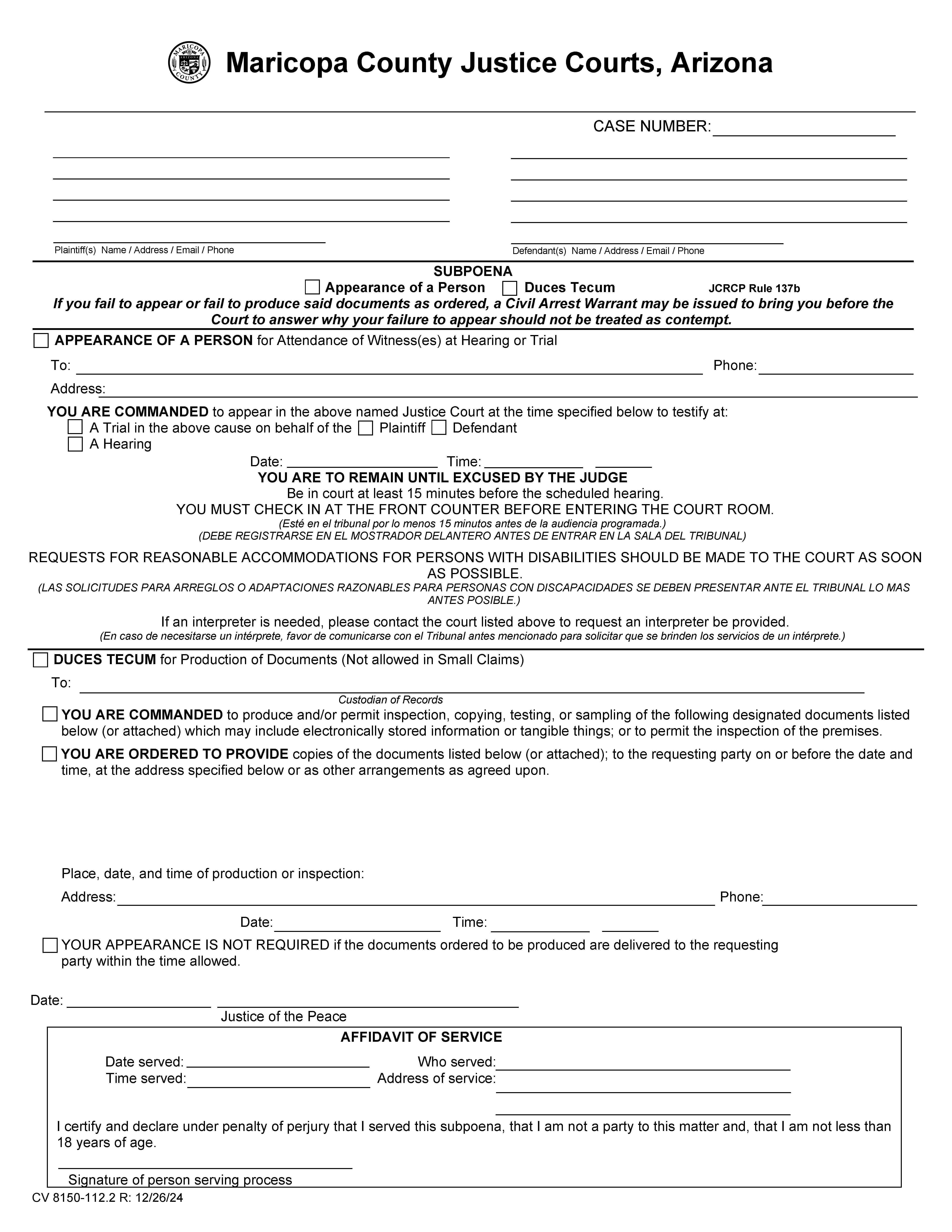Subpoeana {CV 8150-112.2} | Pdf Fpdf Docx | Arizona