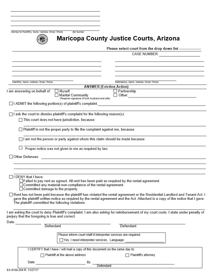 Answer Eviction Action | Pdf Fpdf Docx | Arizona