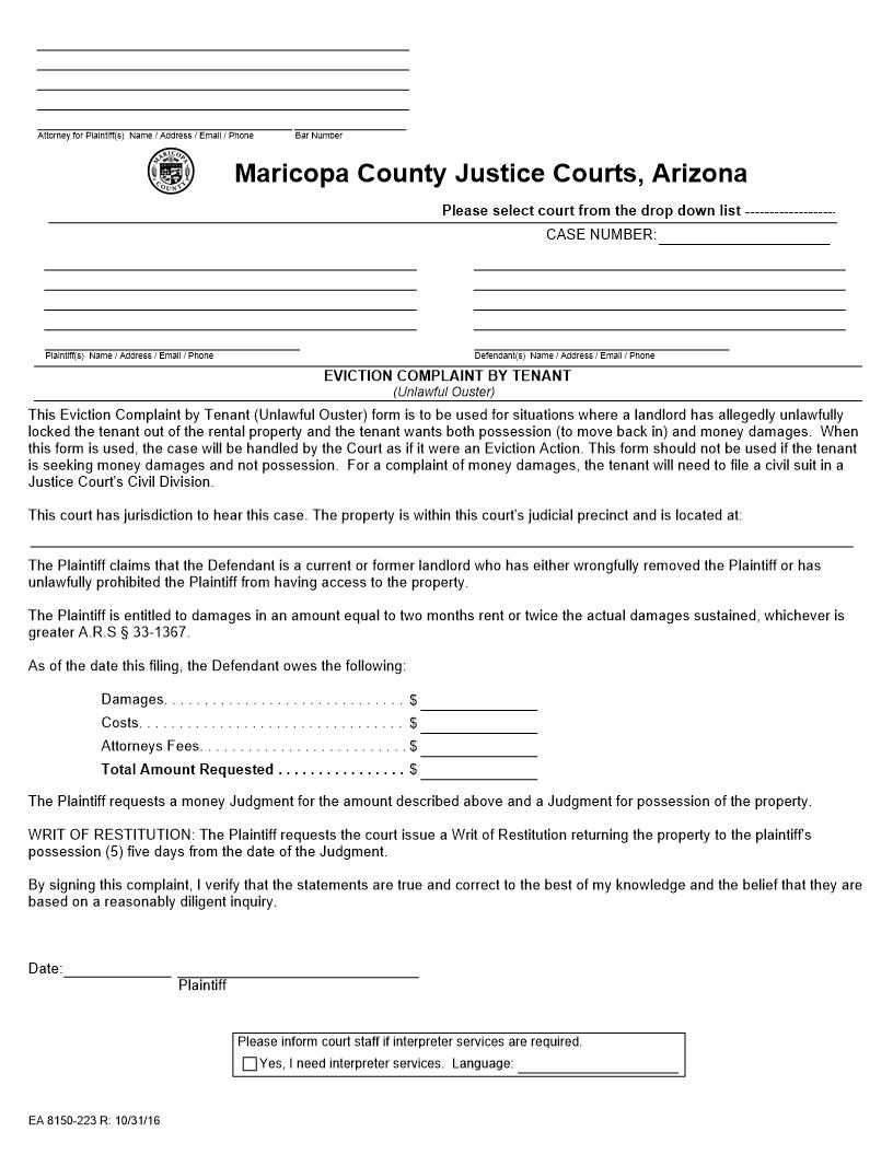 Eviction Complaint By Tenant | Pdf Fpdf Docx | Arizona