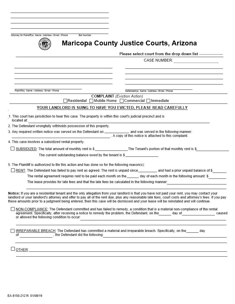 Eviction Summons And Complaint {EA-8150-212} | Pdf Fpdf Docx | Arizona