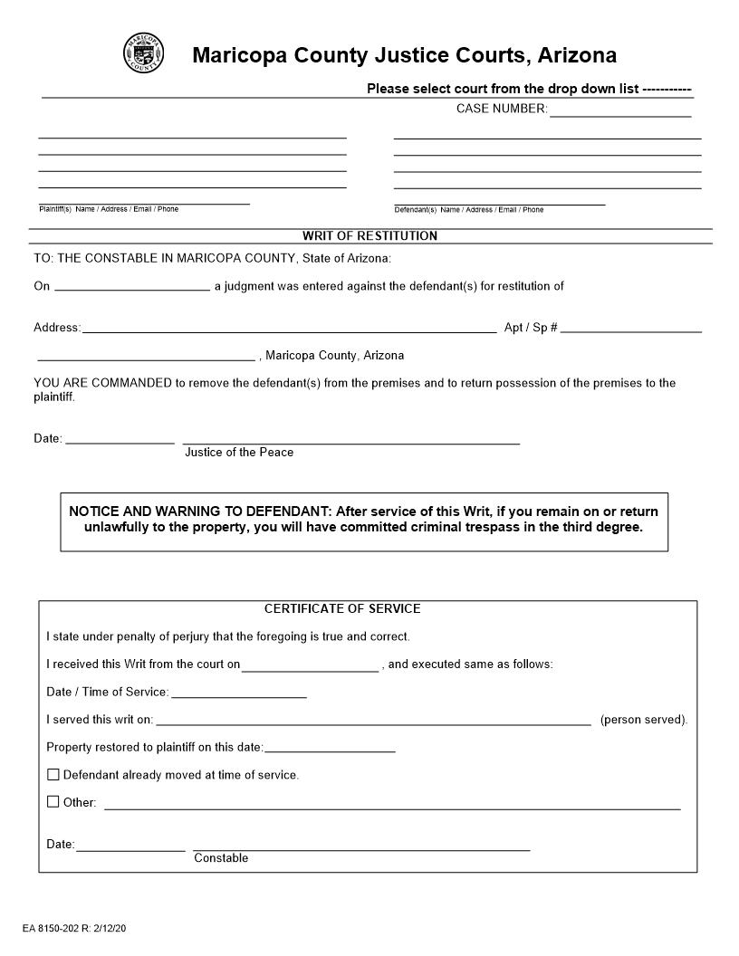 Writ Of Restitution {EA 8150-202} | Pdf Fpdf Doc Docx | Arizona