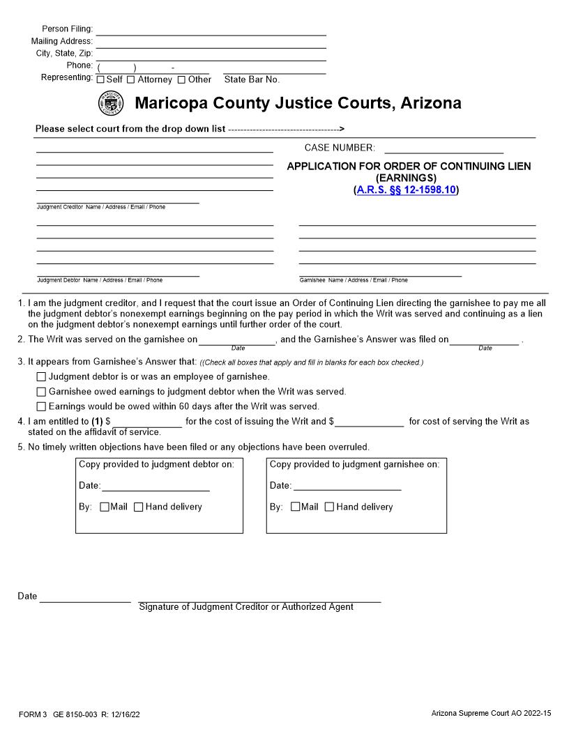 Application For Order Of Continuing Lien Earnings | Pdf Fpdf Docx | Arizona