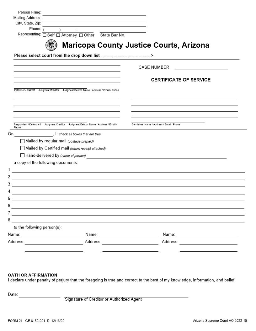 Certificate Of Service | Pdf Fpdf Docx | Arizona