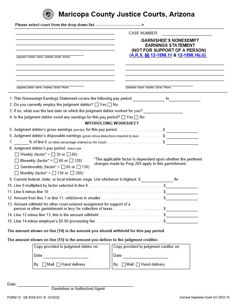 Non Exempt Earnings Statement | Pdf Fpdf Docx | Arizona