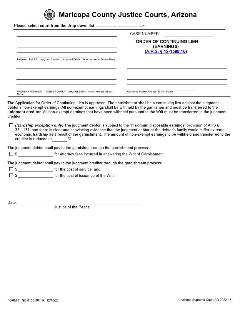 Order Of Continuing Lien Earnings | Pdf Fpdf Docx | Arizona