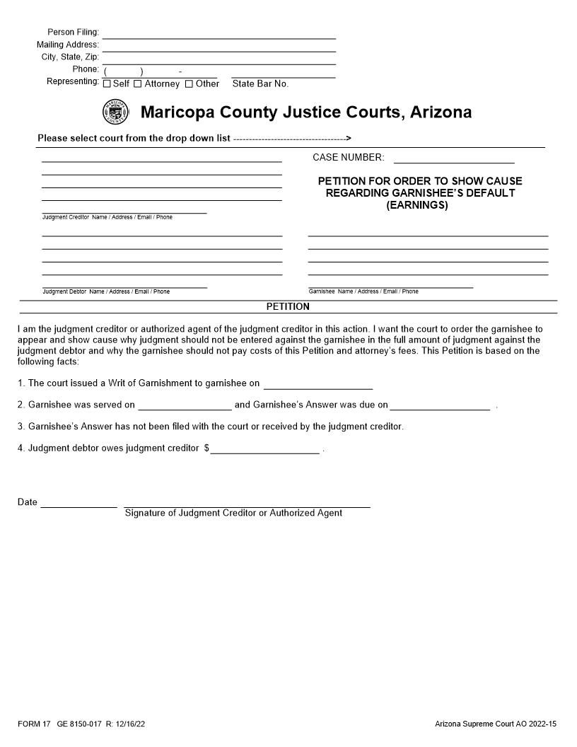 Petition For Order To Show Cause Regarding Garnishees Default Earnings | Pdf Fpdf Docx | Arizona