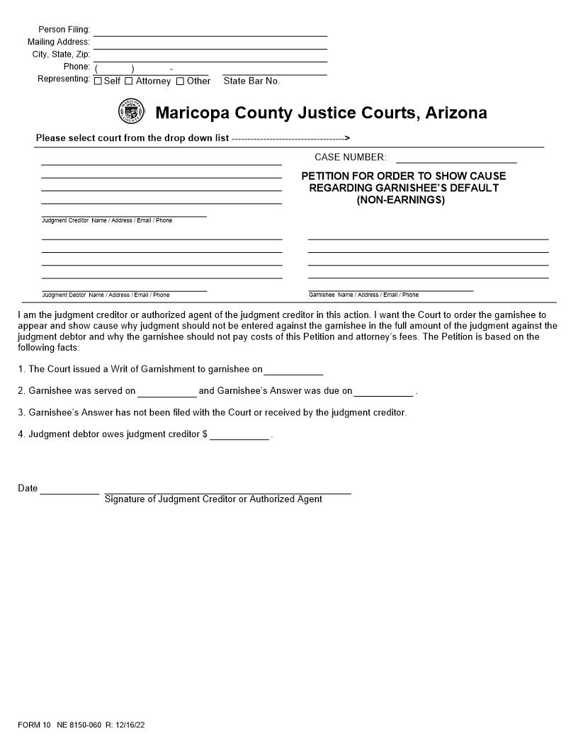 Petition For Order To Show Cause Regarding Garnishees Default Non Earnings | Pdf Fpdf Docx | Arizona