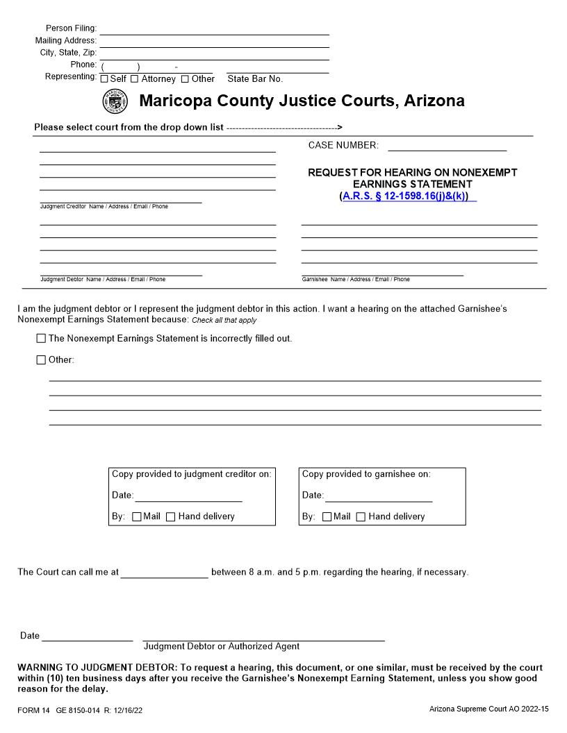 Request For Hearing On Non Exempt Earnings Statement | Pdf Fpdf Docx | Arizona