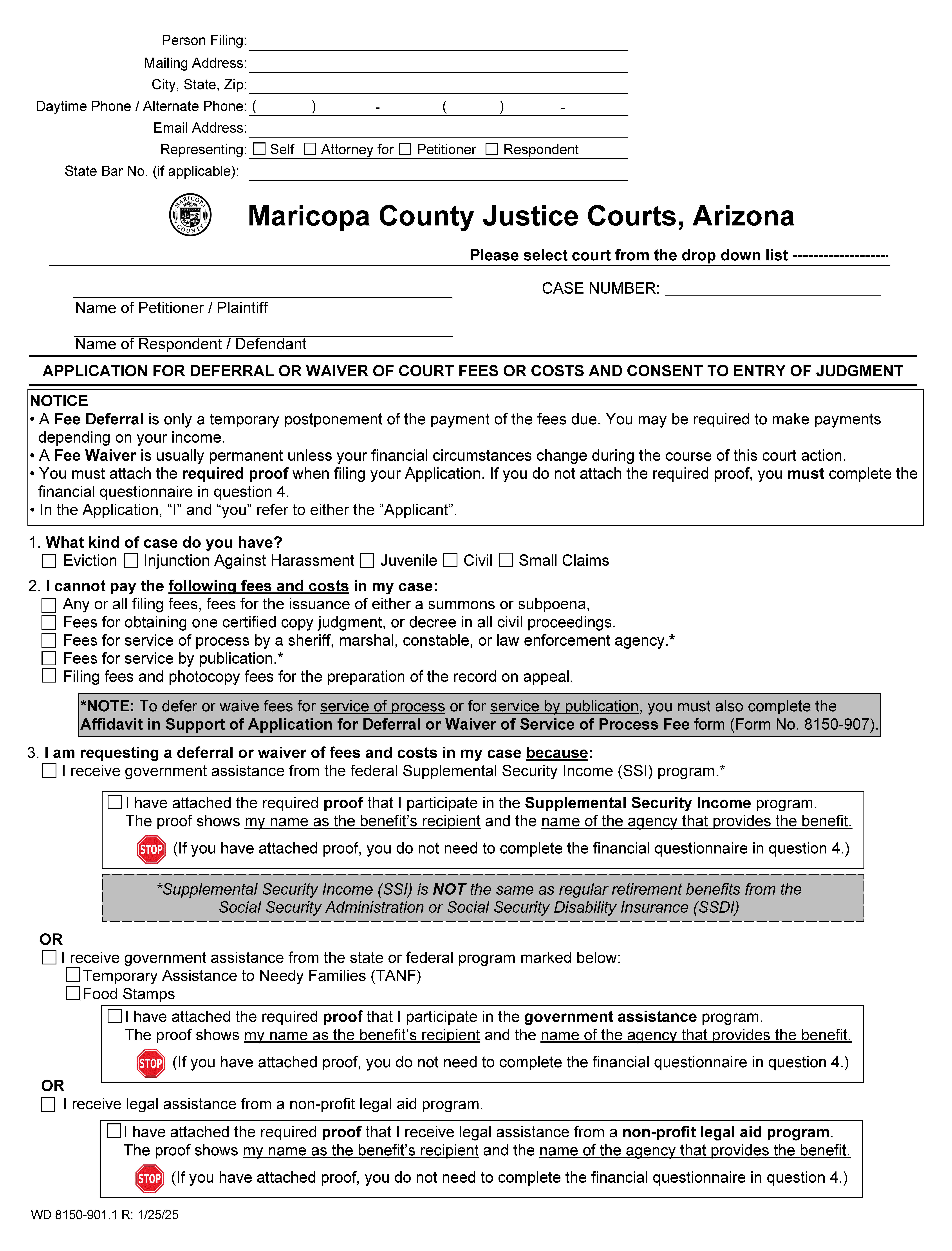 Application For Deferral Or Waiver Of Court Fees {WD 8150-901.1} (2) | Pdf Fpdf Docx | Arizona