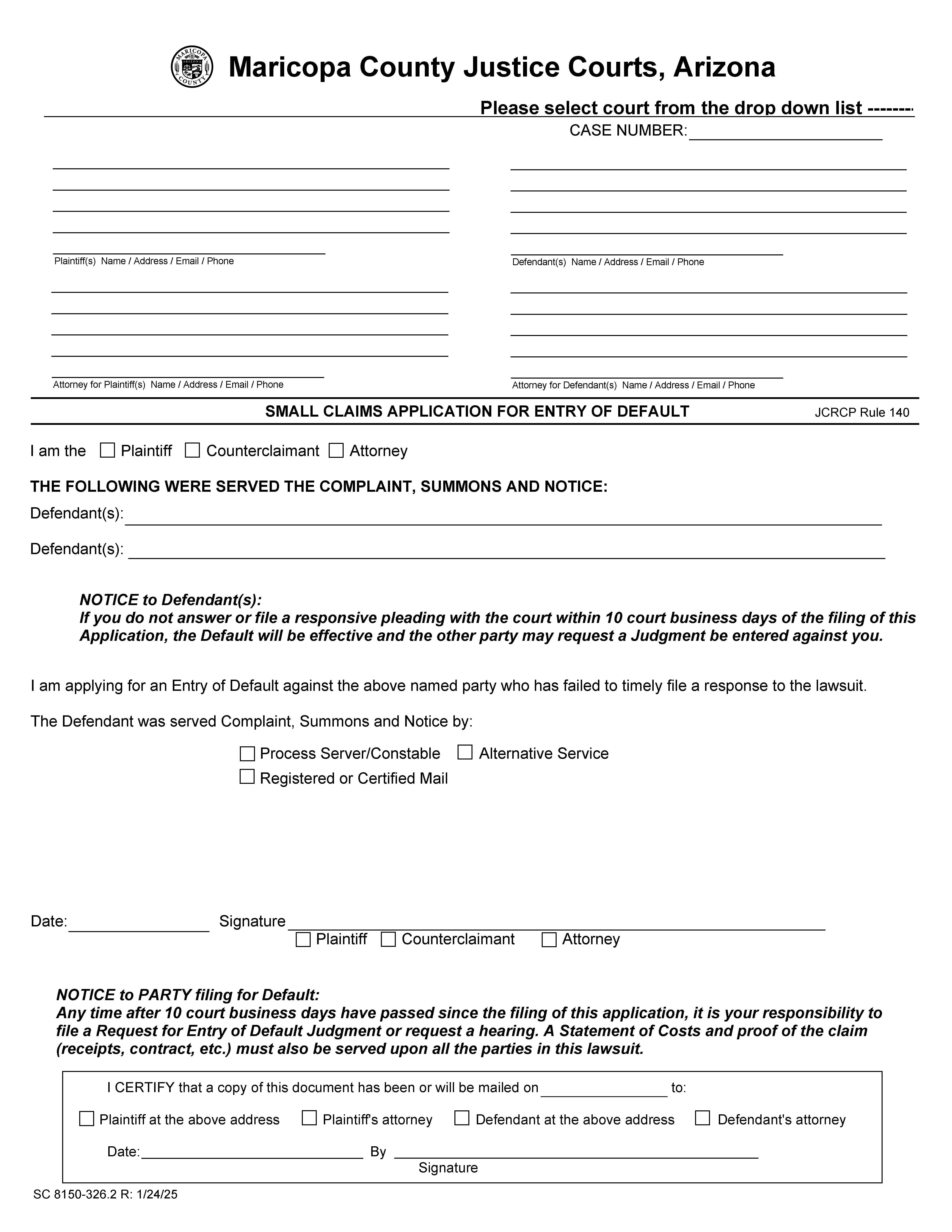 Application Request and Affidavit For Entry Of Default {SC-8150-326} | Pdf Fpdf Docx | Arizona