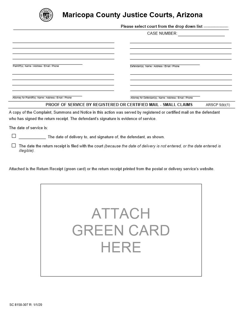 Proof Of Service By Registered Or Certified Mail Small Claims {SC 8150-307} | Pdf Fpdf Docx | Arizona