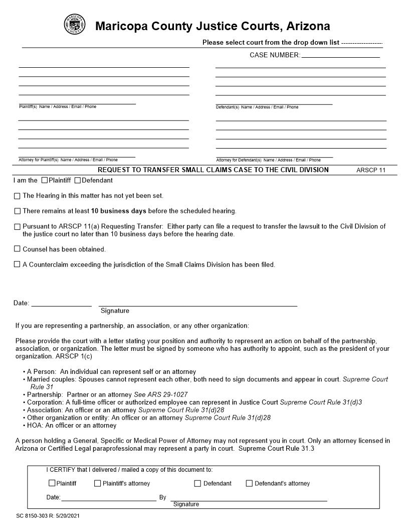 Request To Transfer Case Designated As A Small Claim To The Civil Division | Pdf Fpdf Doc Docx | Arizona