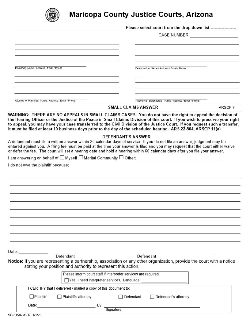 Small Claims Answer | Pdf Fpdf Docx | Arizona