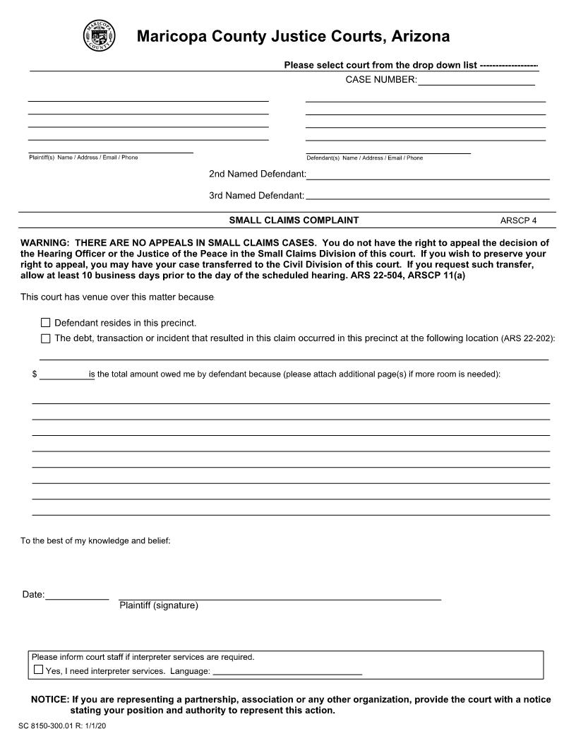 Small Claims Complaint {SC 8150-300.01} | Pdf Fpdf Docx | Arizona