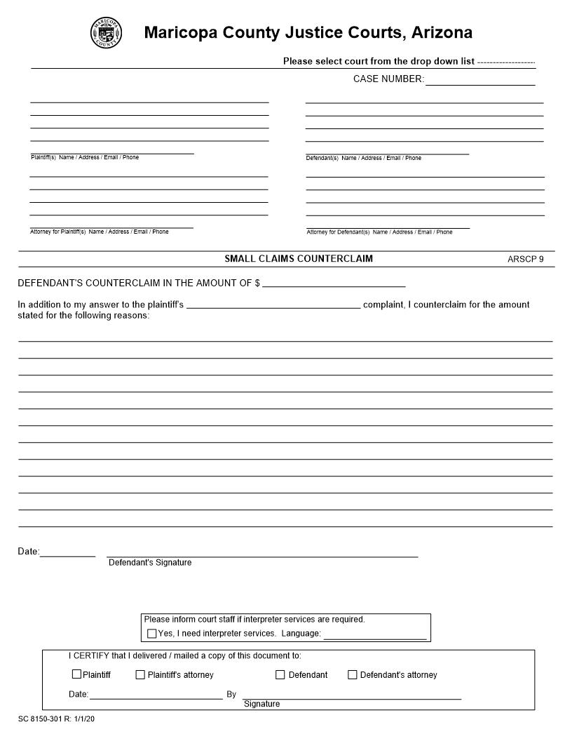 Small Claims Counterclaim-Reply To Counterclaim | Pdf Fpdf Doc Docx | Arizona