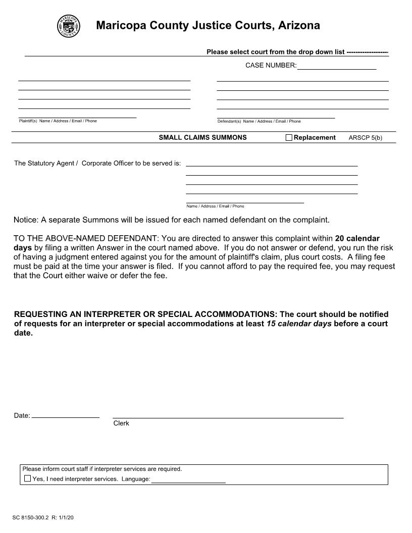 Small Claims Summons P {SC 8150-300.2} | Pdf Fpdf Docx | Arizona