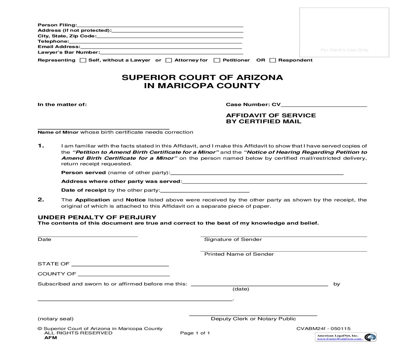 Affidavit Of Service By Certified Mail {CVABM24f} | Pdf Fpdf Doc Docx | Arizona