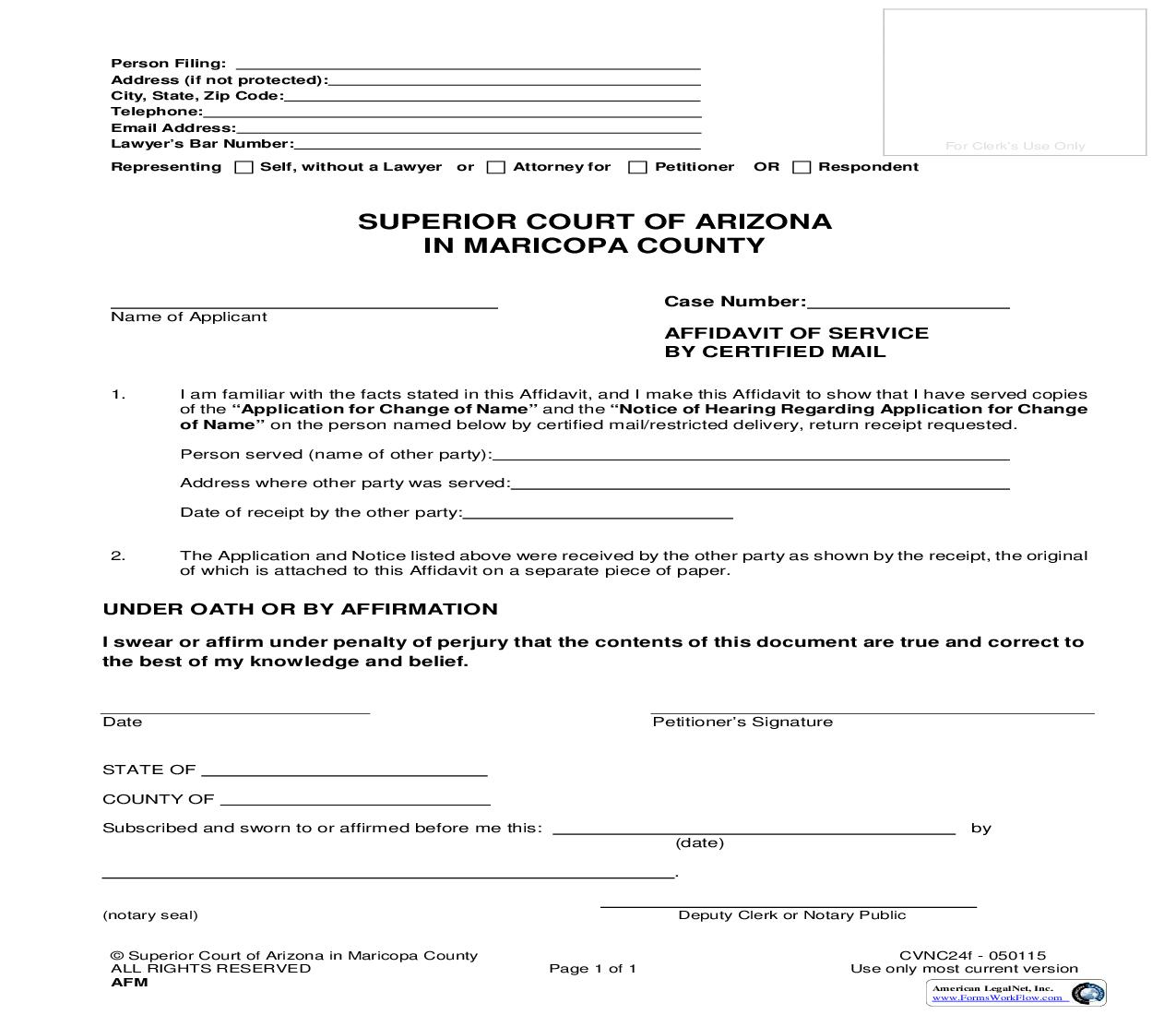 Affidavit Of Service By Certified Mail (Name Change) {CVNC24f} | Pdf Fpdf Doc Docx | Arizona