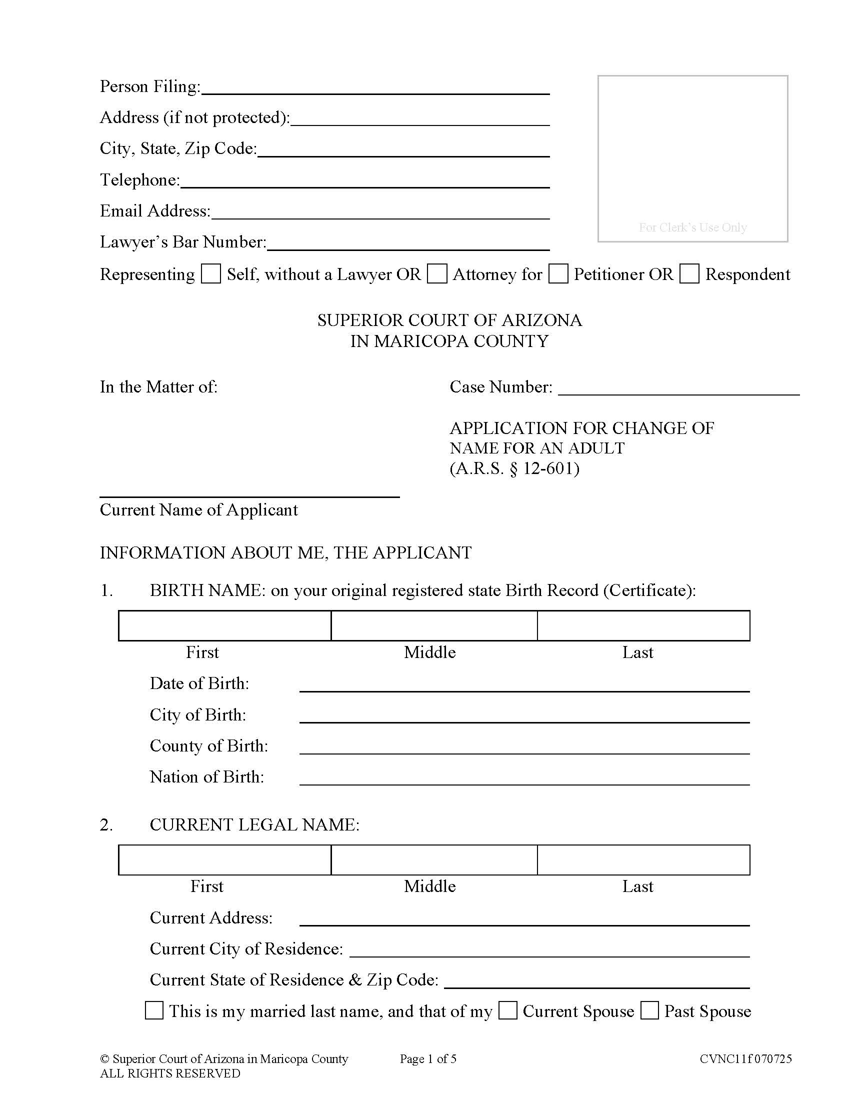 Application For Change Of Name For An Adult {CVNC11f} | Pdf Fpdf Doc Docx | Arizona