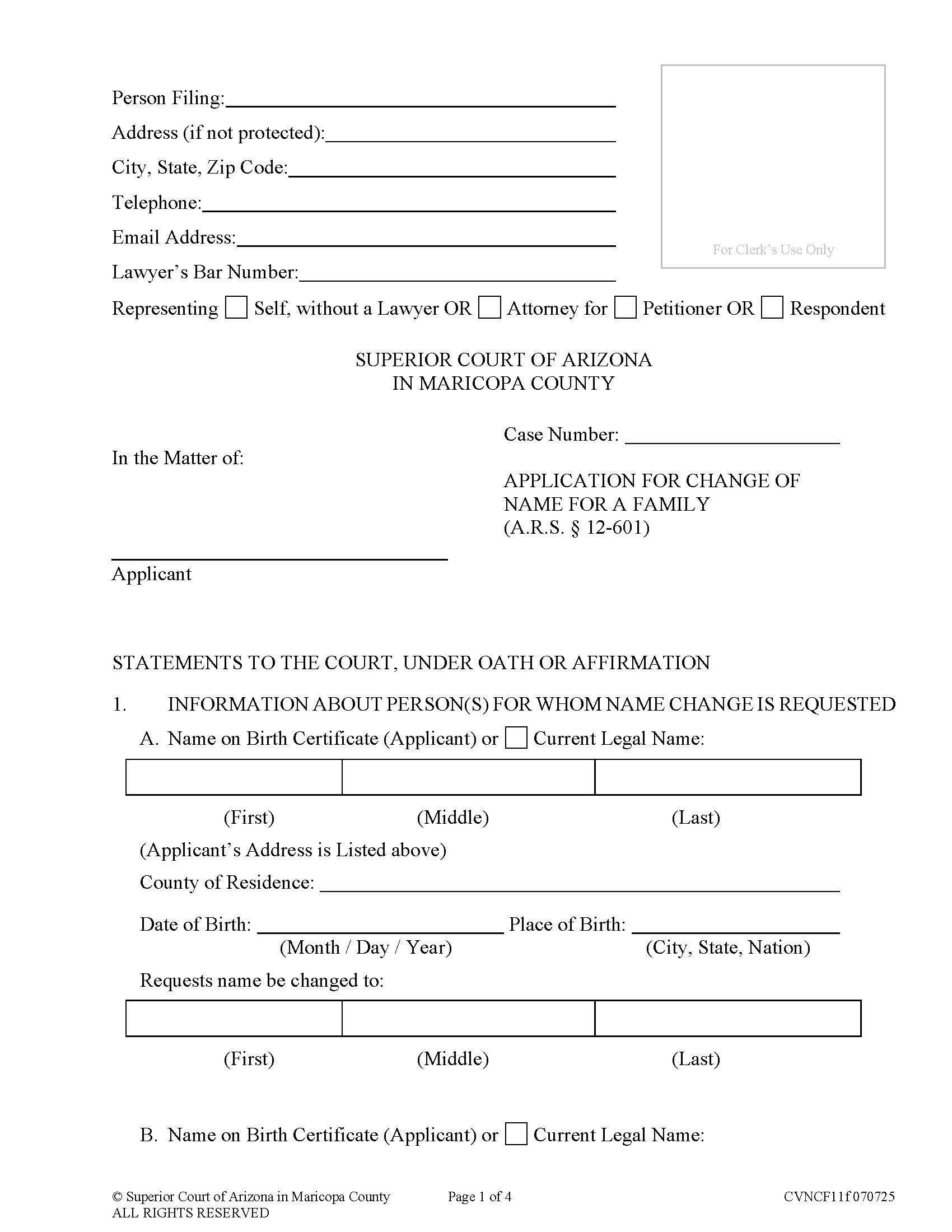 Application For Change Of Name For Family {CVNCF11f} | Pdf Fpdf Doc Docx | Arizona
