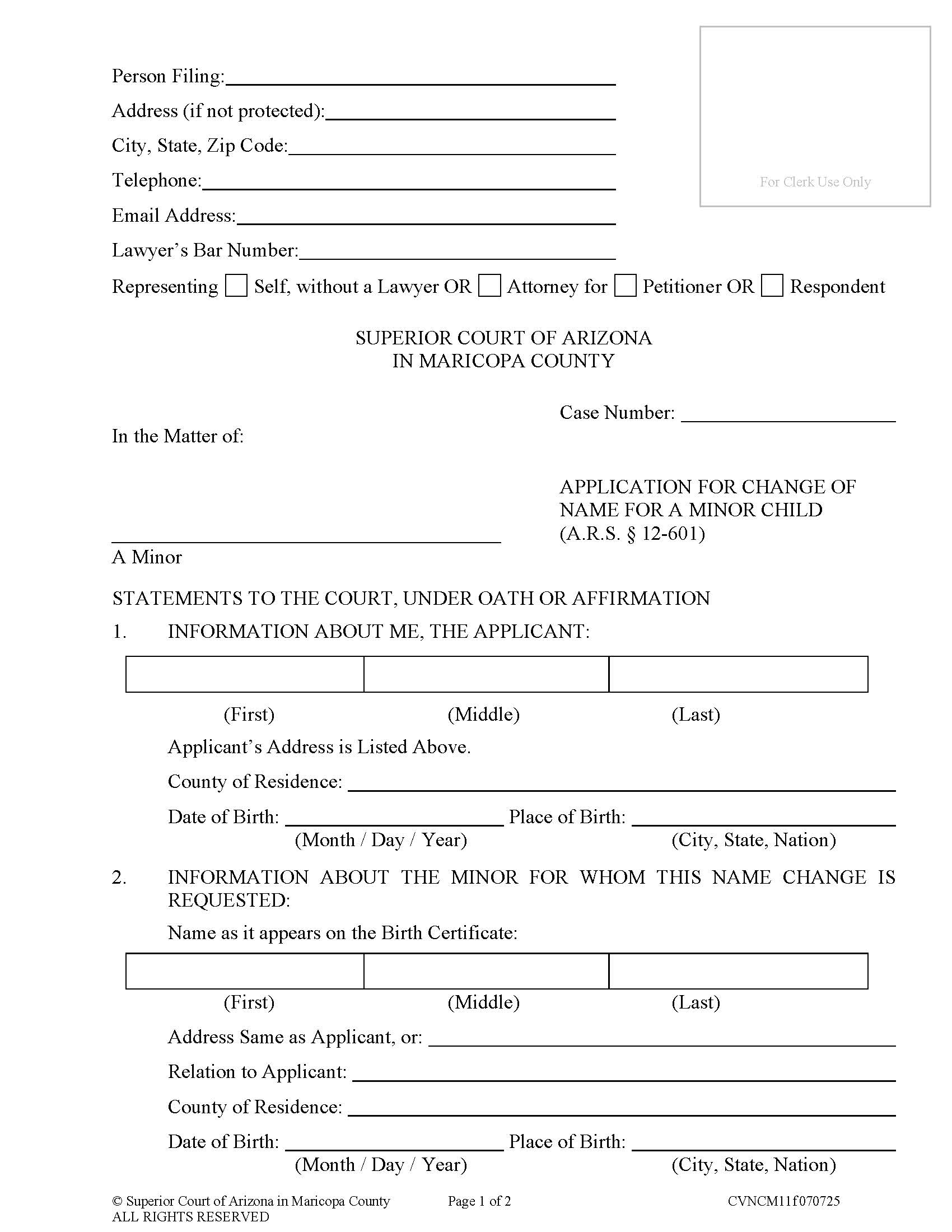 Application For Change Of Name For Minor Child {CVNCM11f} | Pdf Fpdf Doc Docx | Arizona