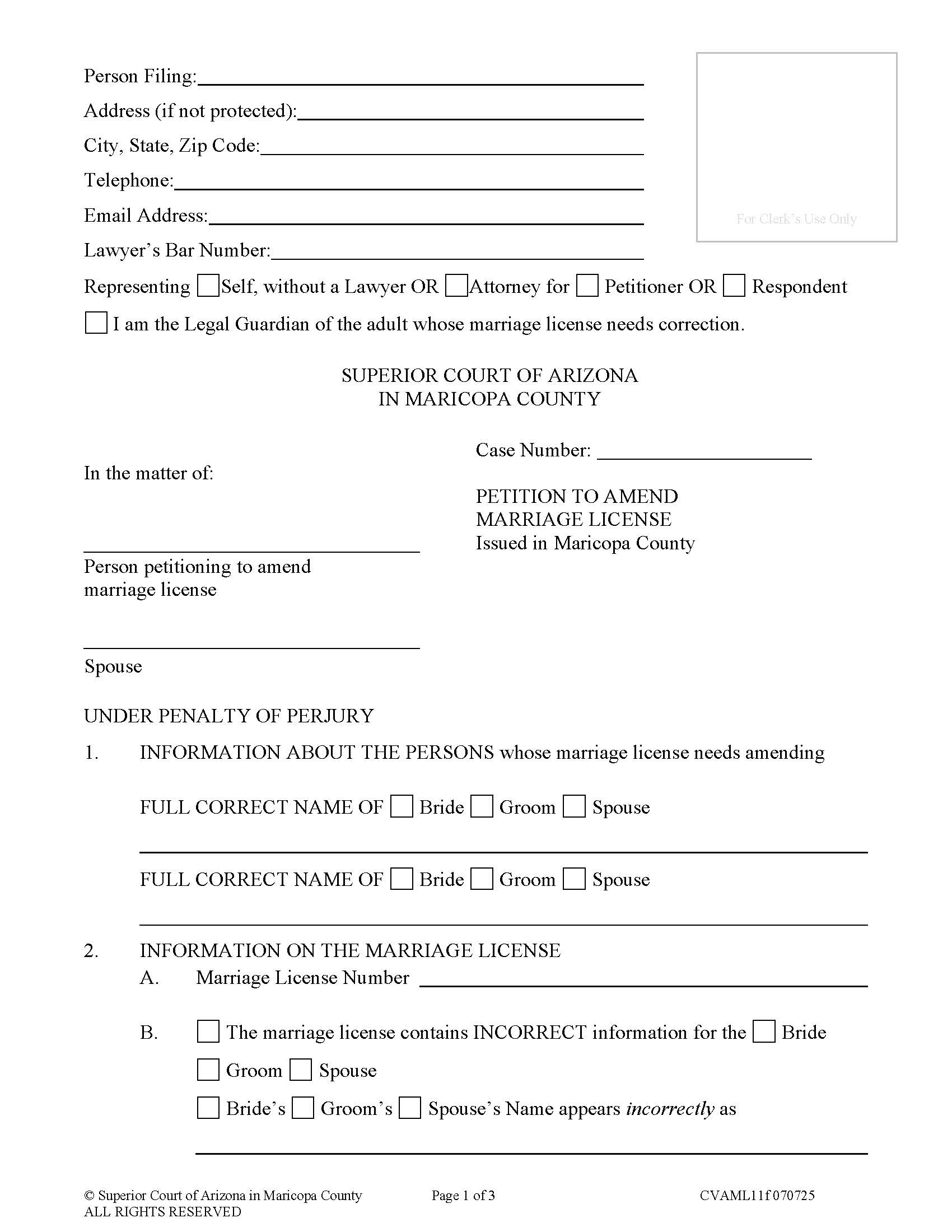 Application To Correct Marriage License Issued In Maricopa County {CVAML11f} | Pdf Fpdf Doc Docx | Arizona