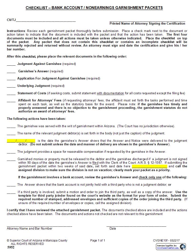 Checklist (Bank Account Nonearnings Garnishment Packets) {CVGNE10f} | Pdf Fpdf Docx | Arizona