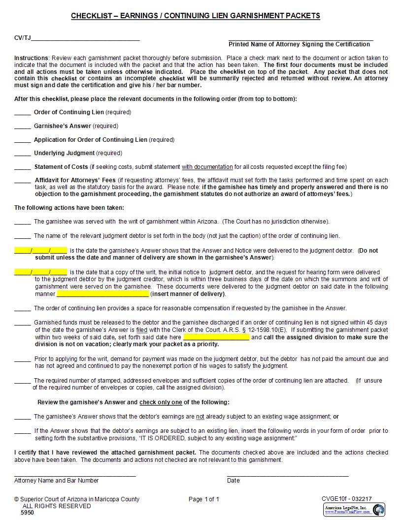 Checklist (Earnings Continuing Lien Garnishment Packets) {CVGE10f} | Pdf Fpdf Docx | Arizona