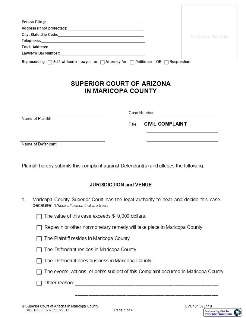 Civil Complaint {CVC10f} | Pdf Fpdf Docx | Arizona