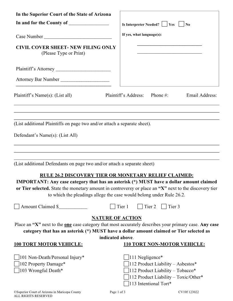 Civil Cover Sheet New Filing Only {CV10f} | Pdf Fpdf Docx | Arizona