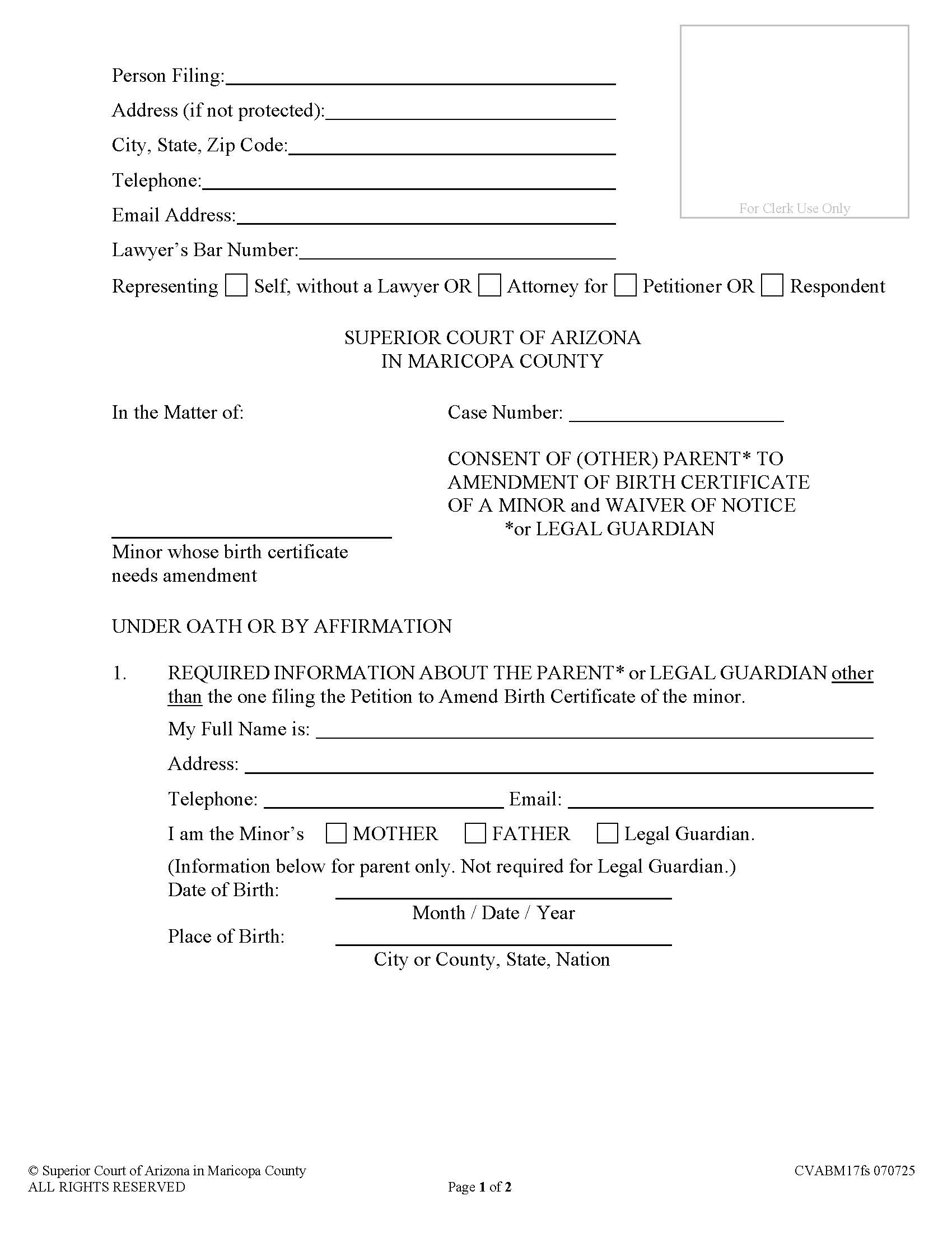 Consent Of (Other) Parent To Amendment Of Birth Certificate Of A Minor {CABM17f} | Pdf Fpdf Docx | Arizona