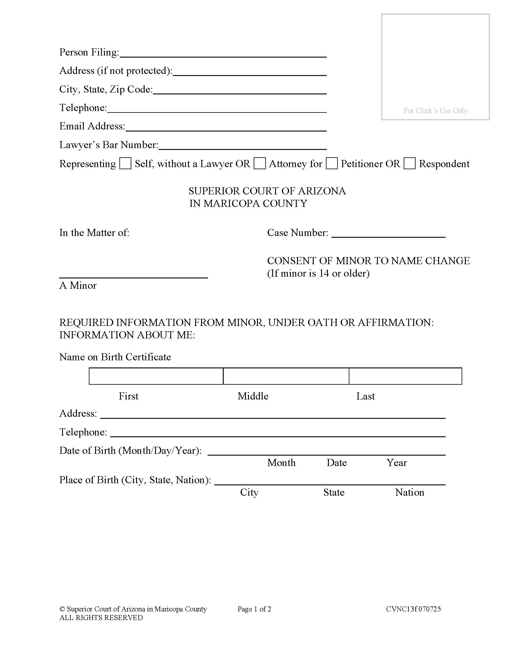 Consent Of Minor To Name Change (If Minor 14 Or Older) {CVNC13f} | Pdf Fpdf Doc Docx | Arizona