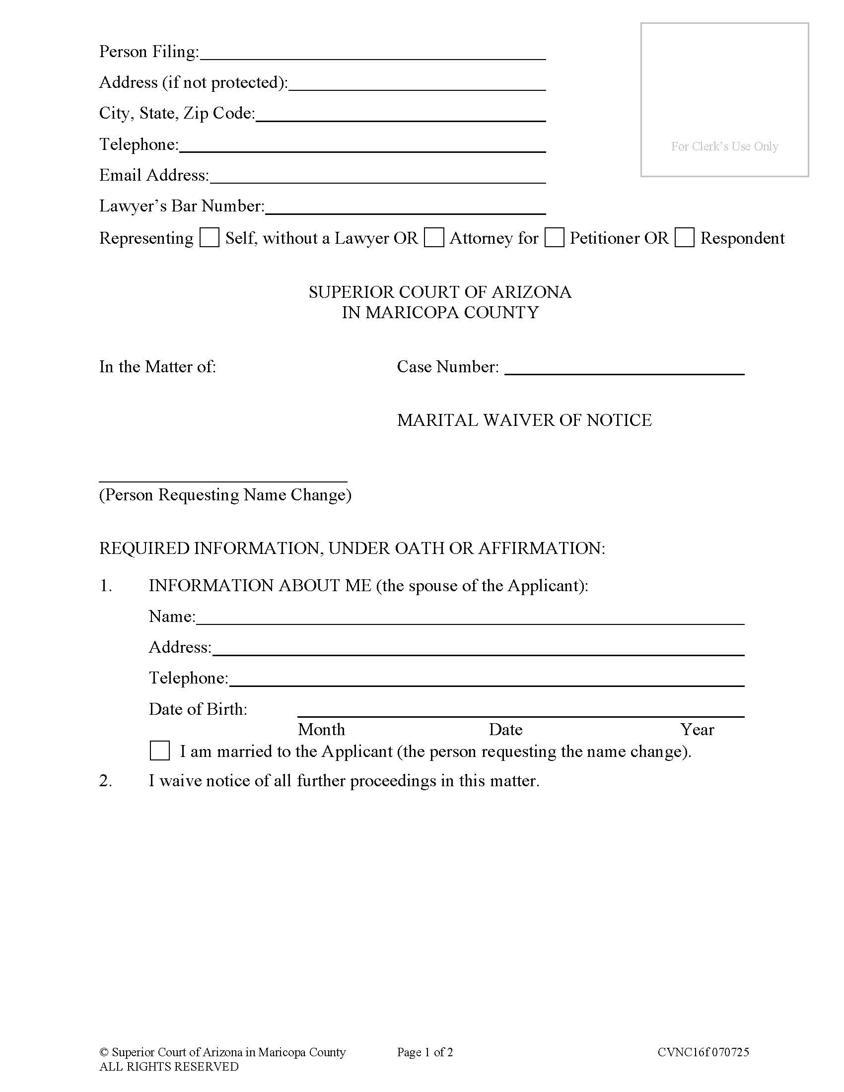 Marital Waiver Of Notice {CVNC16f} | Pdf Fpdf Doc Docx | Arizona