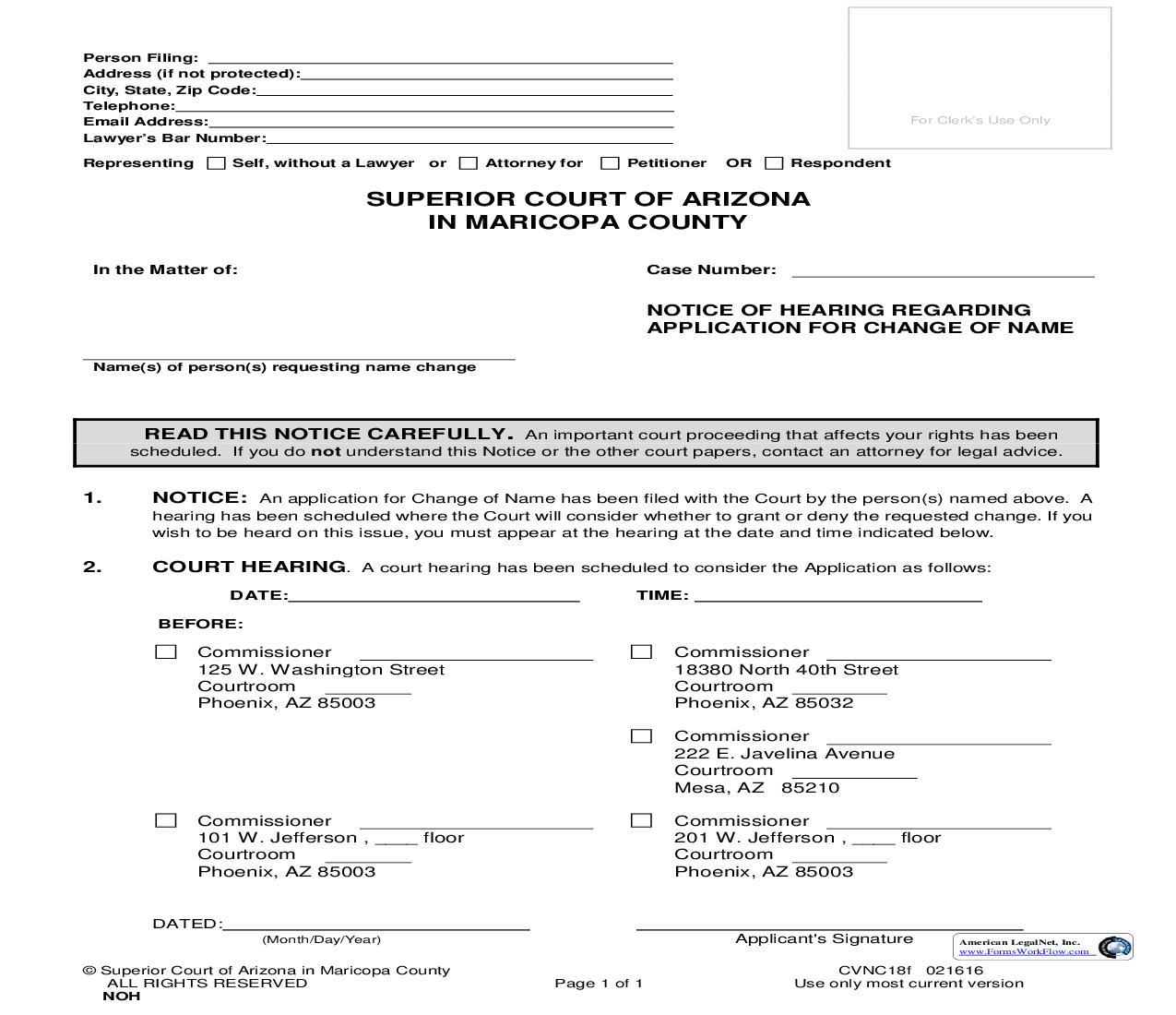 Notice Of Hearing Regarding Application For Change Of Name {CVNC18f} | Pdf Fpdf Doc Docx | Arizona