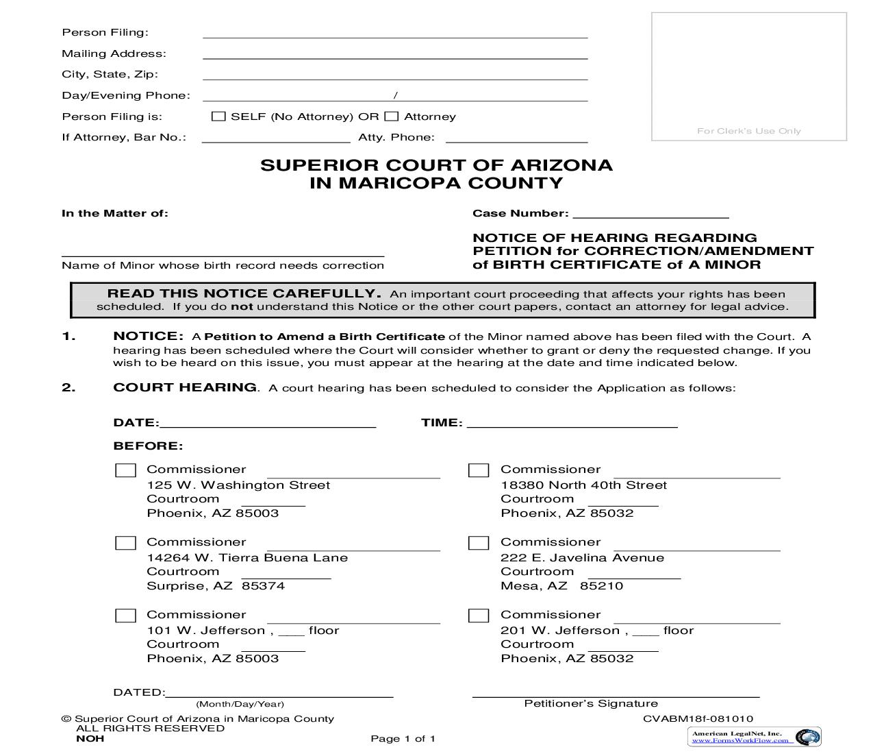 Notice Of Hearing Regarding Petition For Correction-Amendment Of Birth Certificate {CVABM18f} | Pdf Fpdf Doc Docx | Arizona