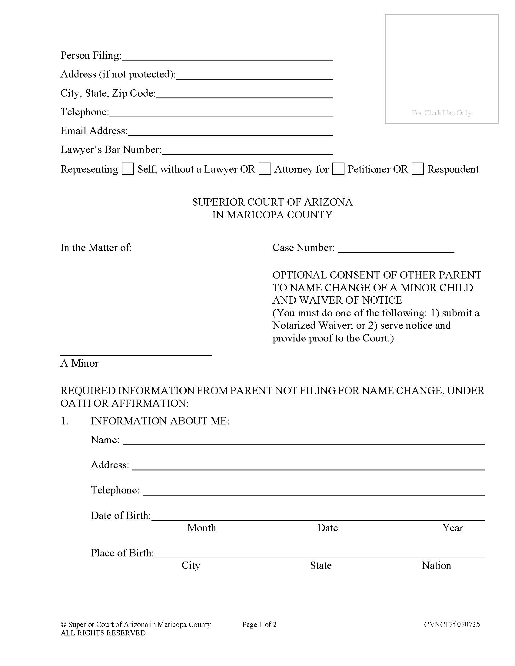 Optional Consent Of Other Parent To Name Change Of A Minor {CVNC17f} | Pdf Fpdf Docx | Arizona