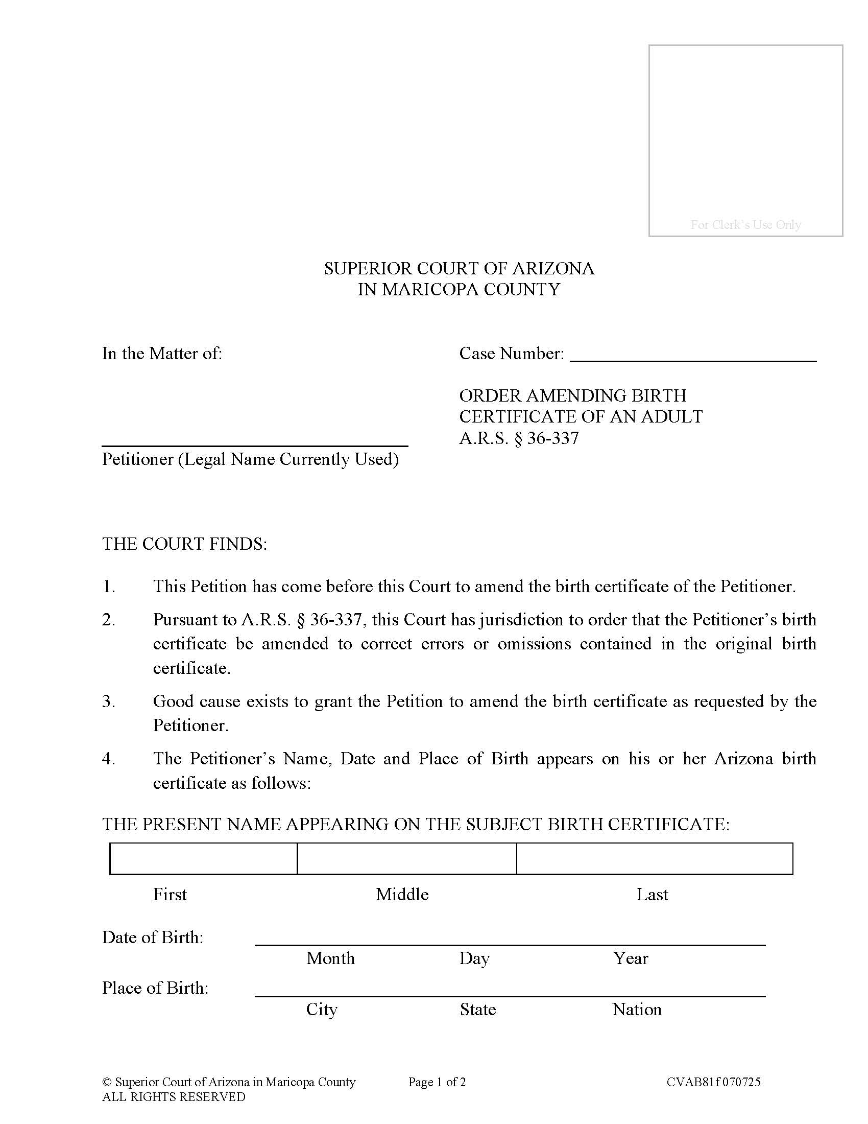Order Amending Birth Certificate Of An Adult {CVAB81f} | Pdf Fpdf Doc Docx | Arizona