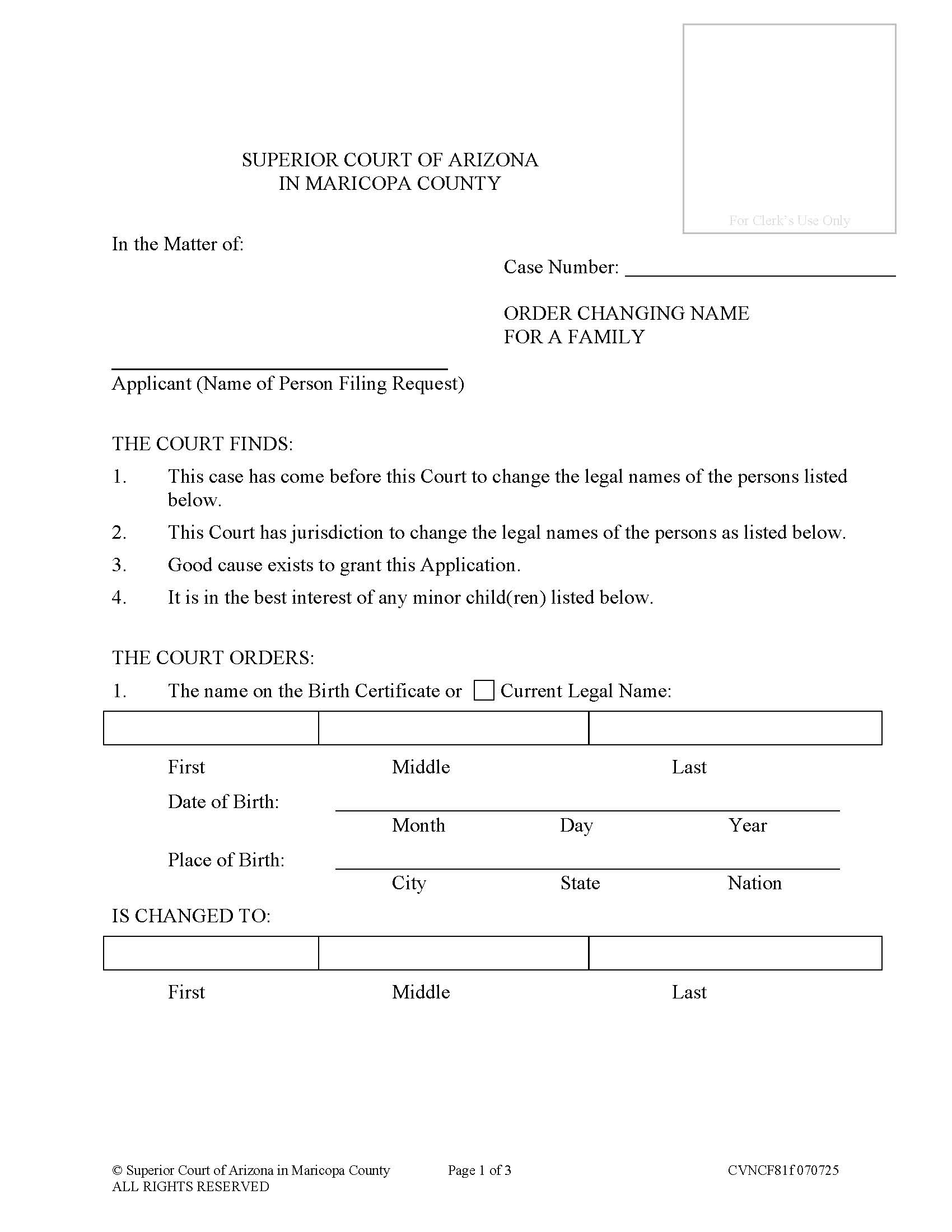 Order Changing Name For Family {CVNCF81f} | Pdf Fpdf Doc Docx | Arizona