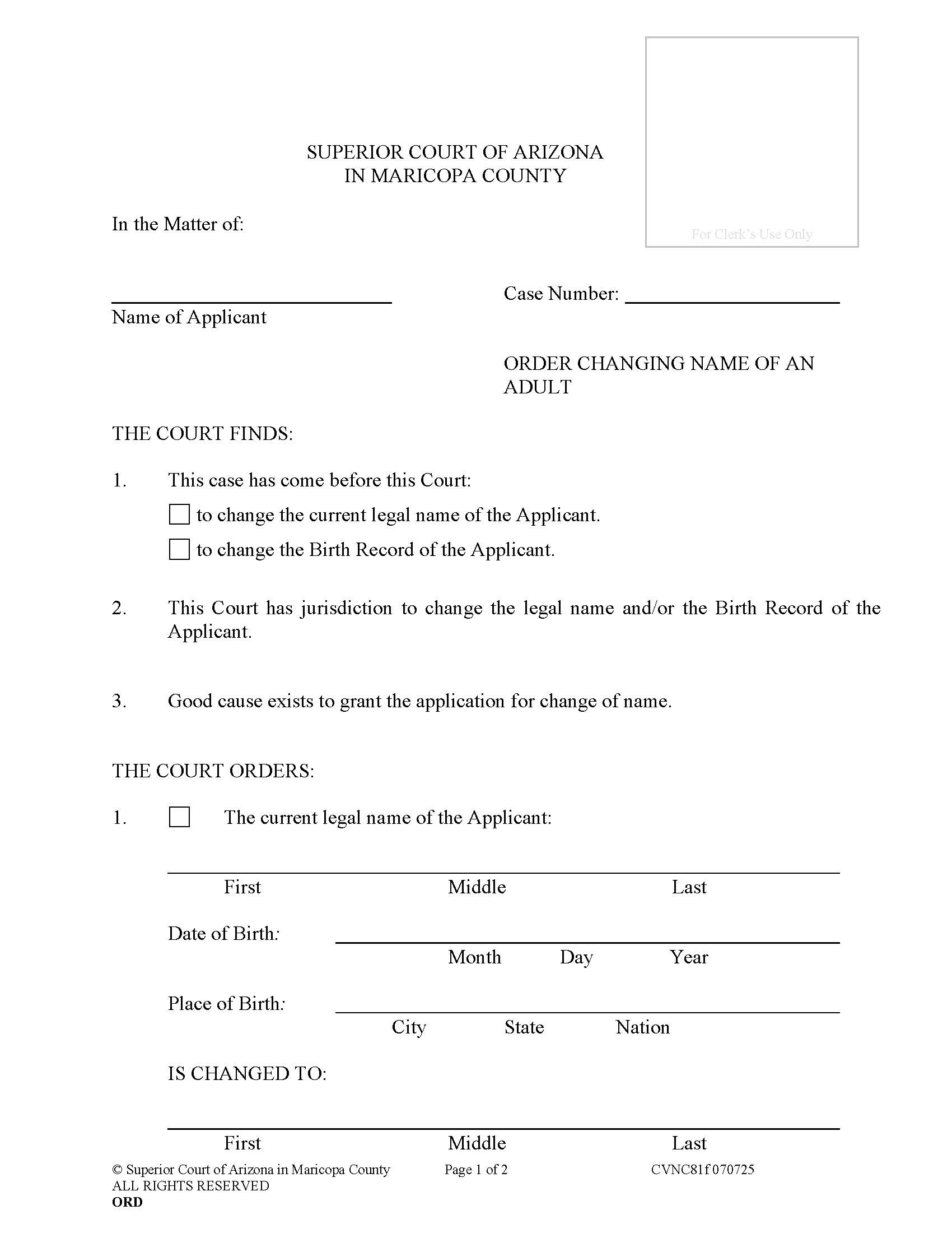 Order Changing Name Of Adult {CVNC81f} | Pdf Fpdf Doc Docx | Arizona