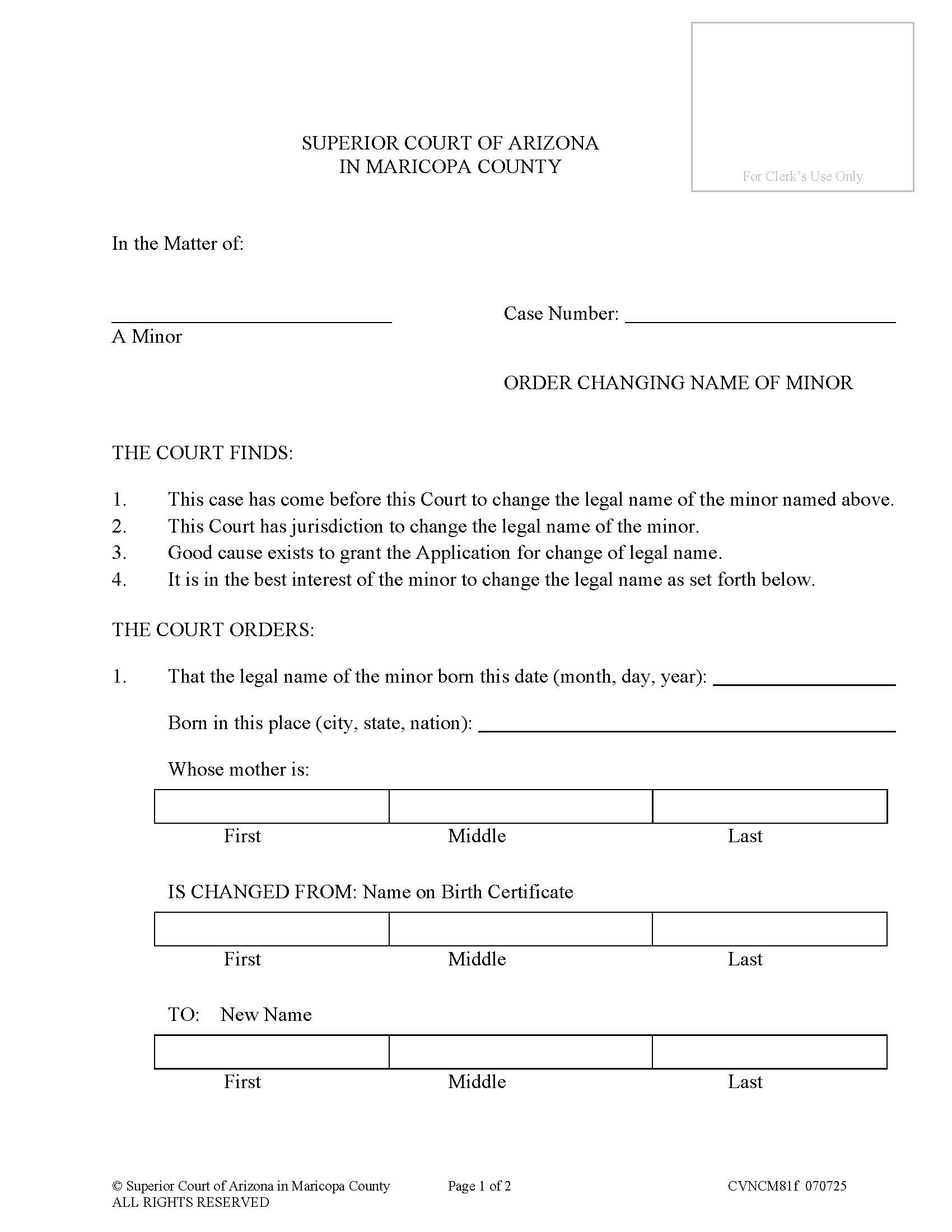 Order Changing Name Of Minor {CVNCM81f} | Pdf Fpdf Doc Docx | Arizona