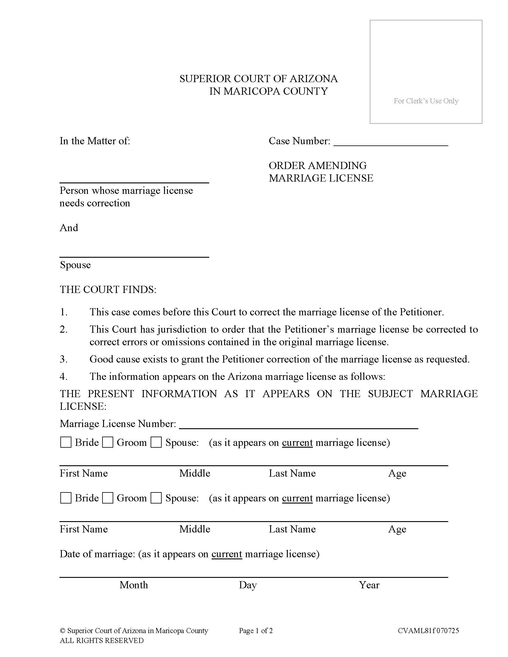 Order Correcting Marriage License {CVAML81f} | Pdf Fpdf Doc Docx | Arizona