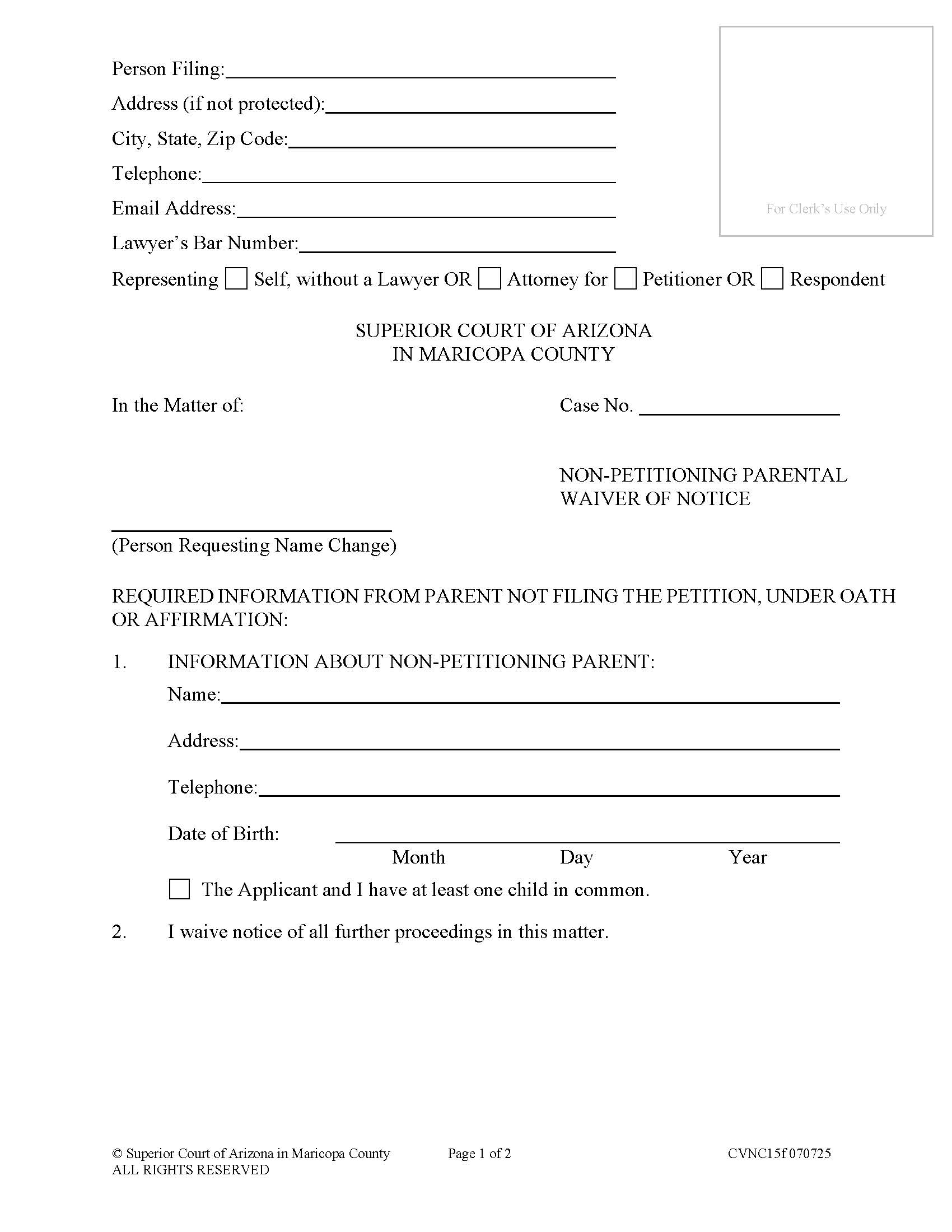 Parental Waiver Of Notice {CVNC15f} | Pdf Fpdf Doc Docx | Arizona