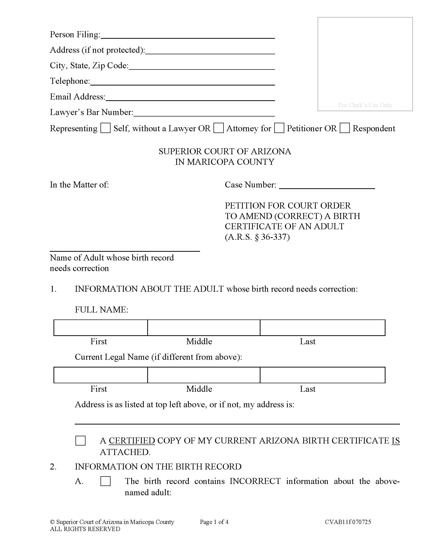 Petition For Court Order To Amend Birth Certificate Of An Adult {CVAB11f} | Pdf Fpdf Doc Docx | Arizona