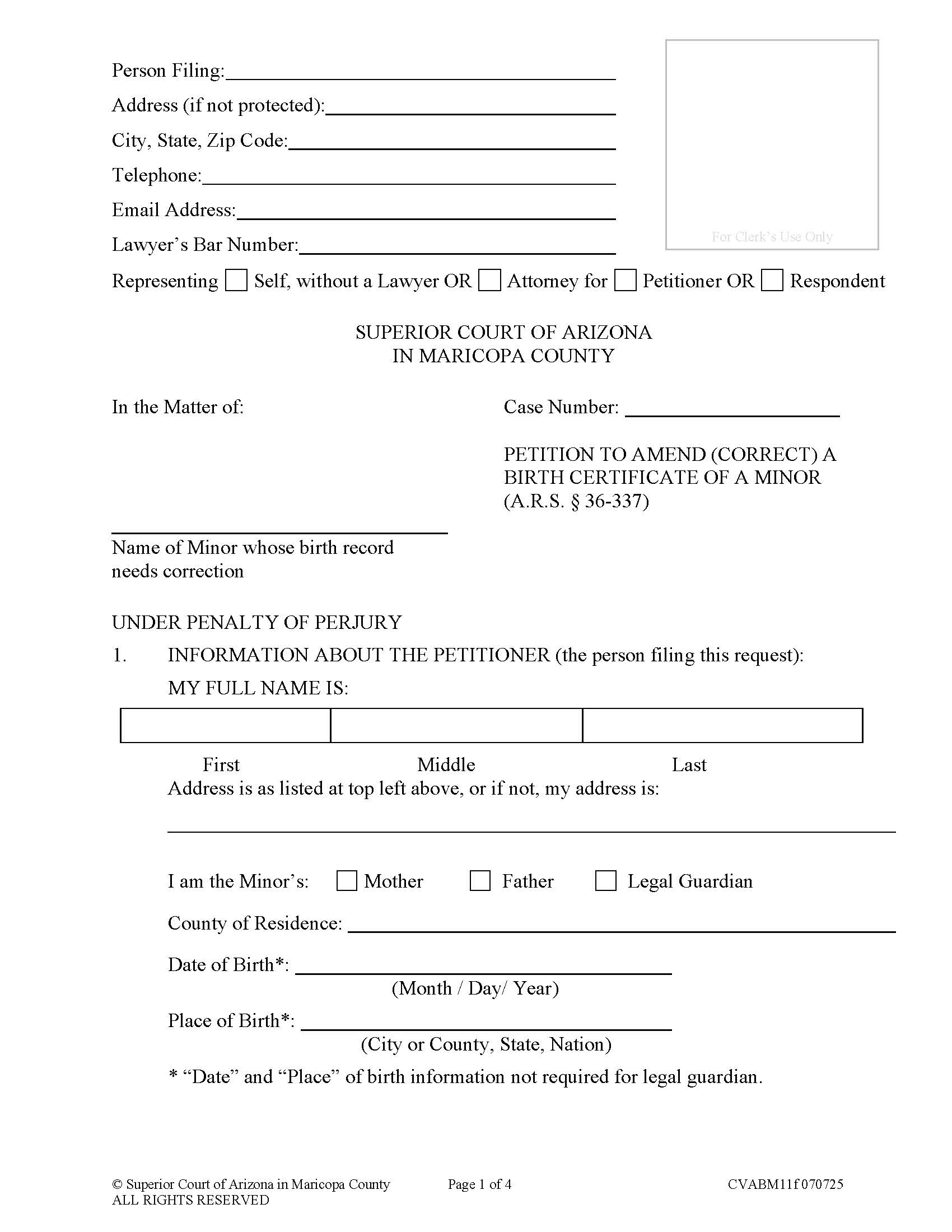 Petition To Amend Birth Certificate Of A Minor {CVABM11f} | Pdf Fpdf Doc Docx | Arizona